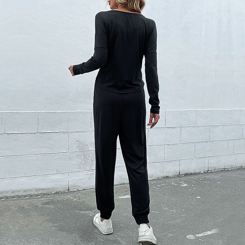 Solid Lounge Set with V-Neck Twisted Top & Drawstring Joggers