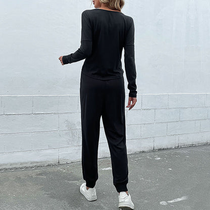 Solid Lounge Set with V-Neck Twisted Top & Drawstring Joggers