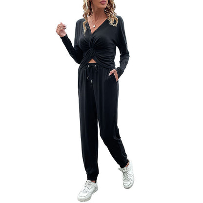 Solid Lounge Set with V-Neck Twisted Top & Drawstring Joggers