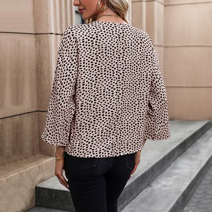 Leopard Print Blouse with V-Neck and Batwing Sleeves