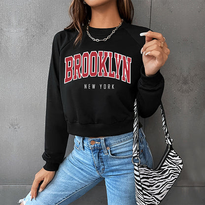 Cropped Letter Print Sweatshirt with Long Sleeves