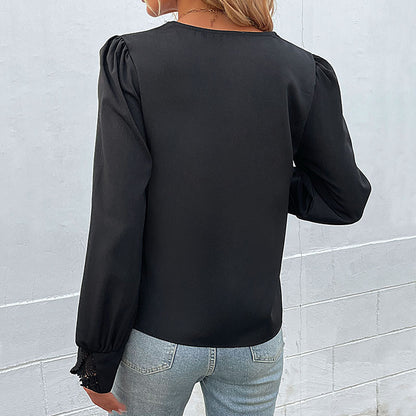 Solid Long-Sleeved Blouse with Lace V-Neck