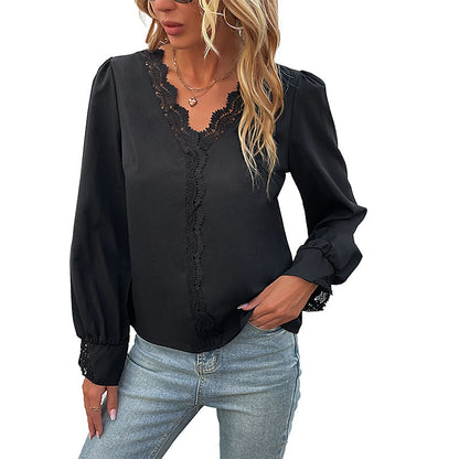 Solid Long-Sleeved Blouse with Lace V-Neck