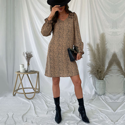 Leopard Print Loose Dress with Ruffled V-Neck and Long Sleeves