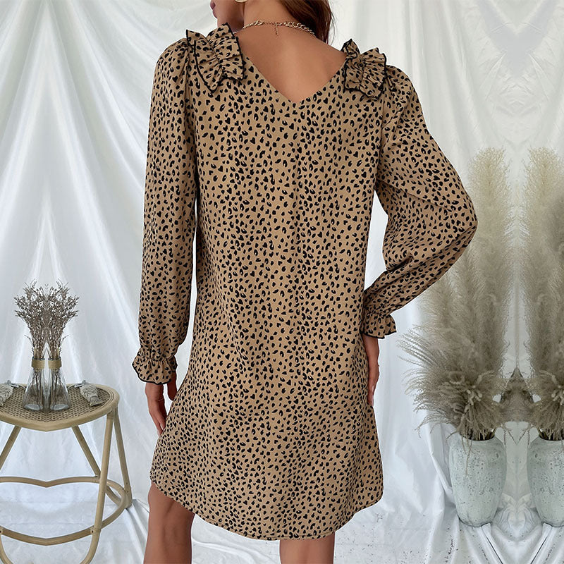 Leopard Print Loose Dress with Ruffled V-Neck and Long Sleeves