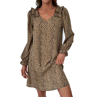 Leopard Print Loose Dress with Ruffled V-Neck and Long Sleeves