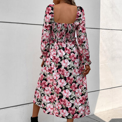 Floral Print Midi Dress with Square Neck and Smocked Bodice