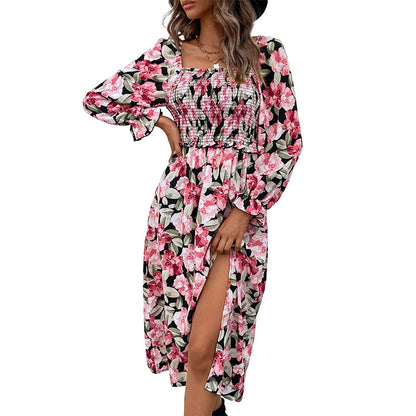 Floral Print Midi Dress with Square Neck and Smocked Bodice