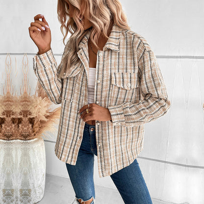 Striped Tweed Shirt Jacket with Pearl Button Pockets