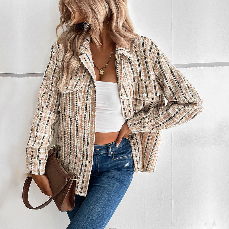 Striped Tweed Shirt Jacket with Pearl Button Pockets