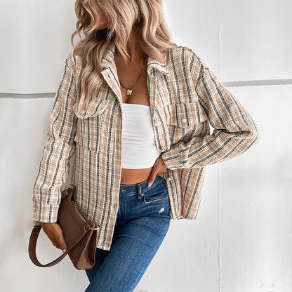 Striped Tweed Shirt Jacket with Pearl Button Pockets