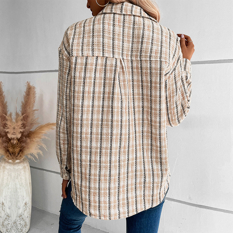 Striped Tweed Shirt Jacket with Pearl Button Pockets