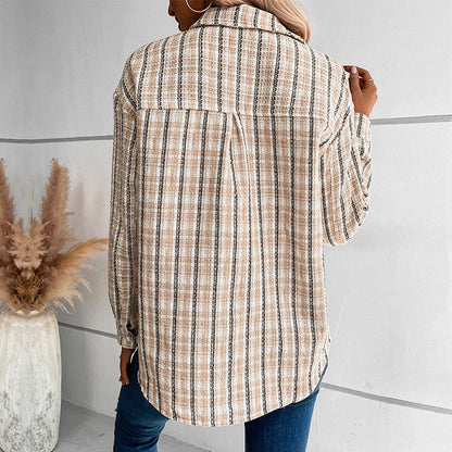 Striped Tweed Shirt Jacket with Pearl Button Pockets