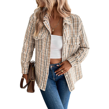 Striped Tweed Shirt Jacket with Pearl Button Pockets