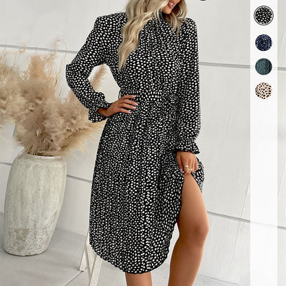 Dotted Print Pleated Midi Dress with Mock Neck