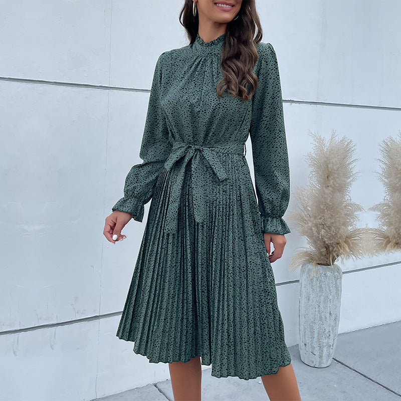Dotted Print Pleated Midi Dress with Mock Neck
