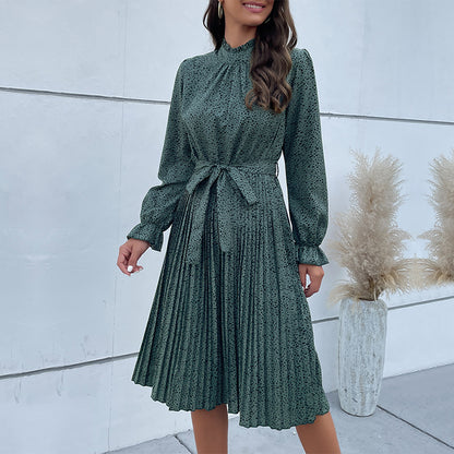 Dotted Print Pleated Midi Dress with Mock Neck