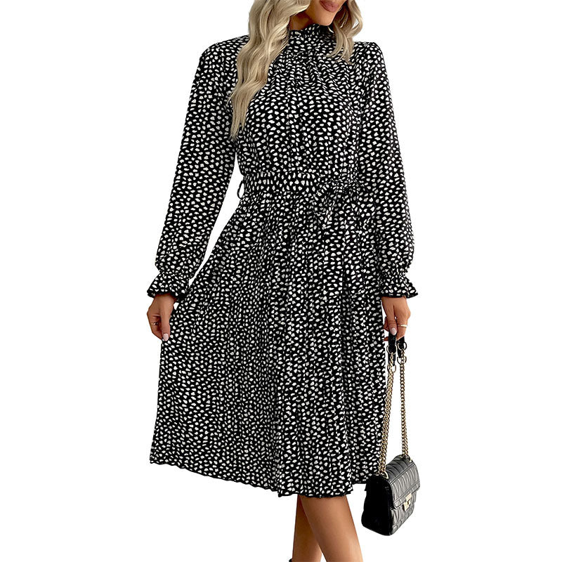 Dotted Print Pleated Midi Dress with Mock Neck