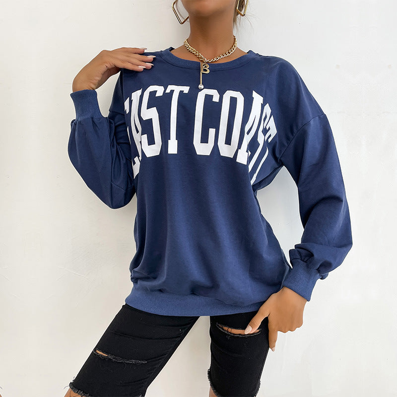 Loose Letter Print Sweatshirt with Round Neck