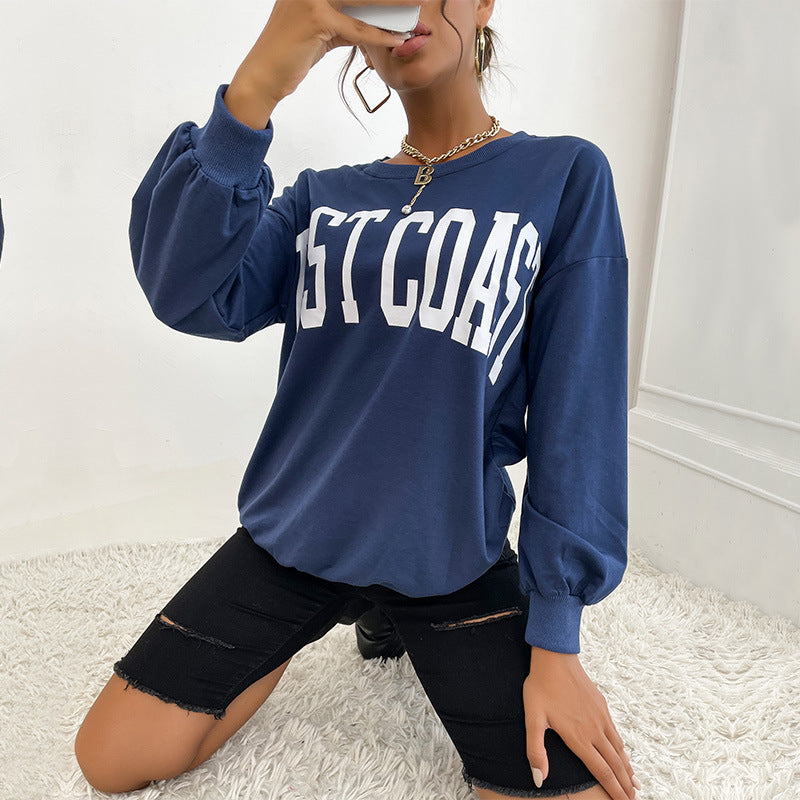 Loose Letter Print Sweatshirt with Round Neck