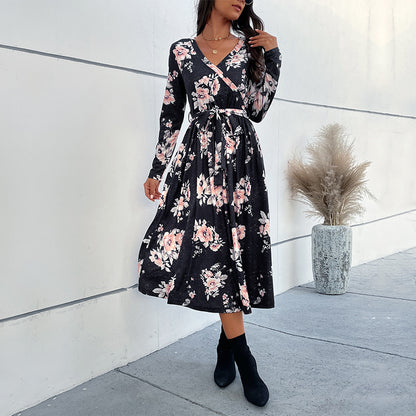 Floral Print A-Line Midi Dress with V-Neck and Long Sleeves