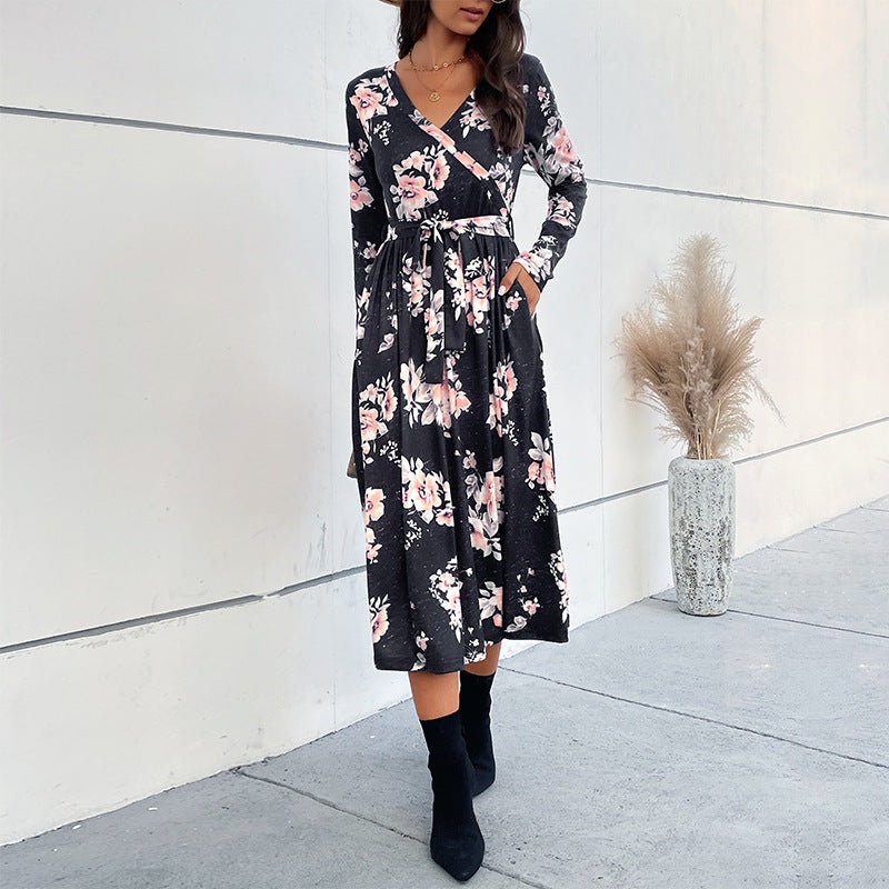 Floral Print A-Line Midi Dress with V-Neck and Long Sleeves