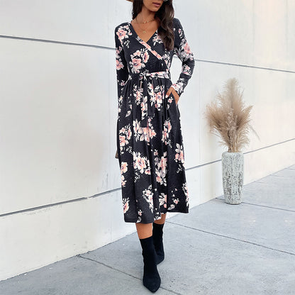 Floral Print A-Line Midi Dress with V-Neck and Long Sleeves