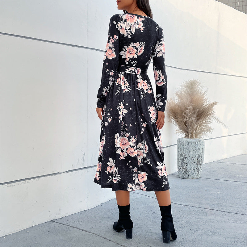 Floral Print A-Line Midi Dress with V-Neck and Long Sleeves
