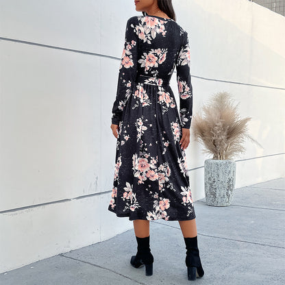 Floral Print A-Line Midi Dress with V-Neck and Long Sleeves