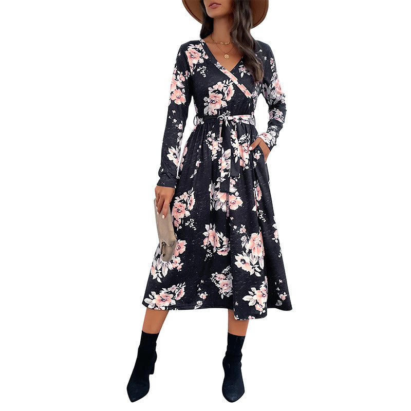 Floral Print A-Line Midi Dress with V-Neck and Long Sleeves
