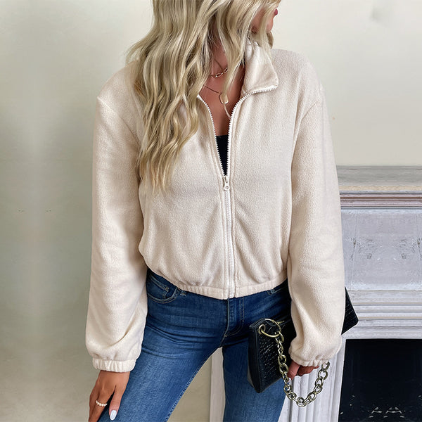 Cropped Solid Fleece Jacket with Stand Collar