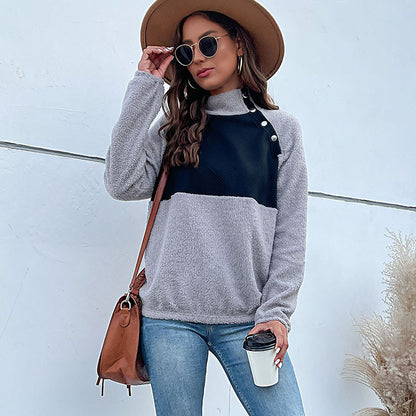 Plush Color Block Sweatshirt with Button Stand Collar