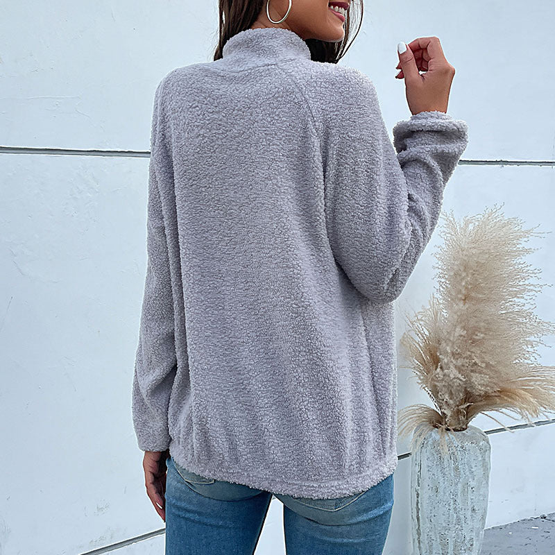 Plush Color Block Sweatshirt with Button Stand Collar
