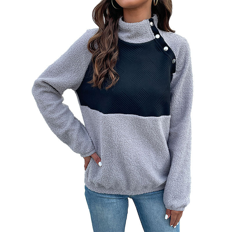 Plush Color Block Sweatshirt with Button Stand Collar