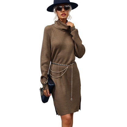 Solid Mini Turtleneck Sweater Dress with Side Slits
