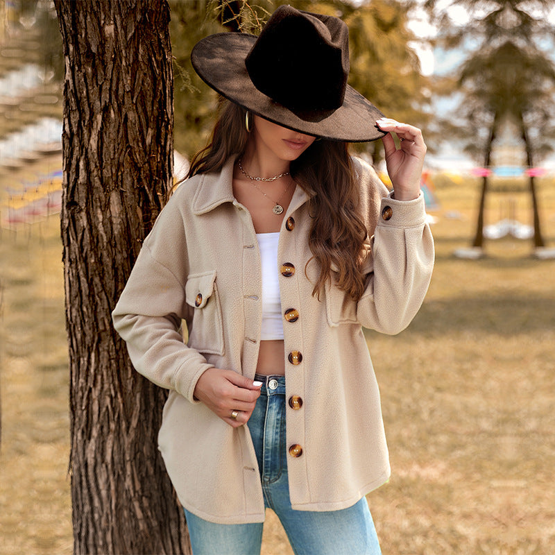 Solid Fleece Shacket with Lapel Collar and Pockets
