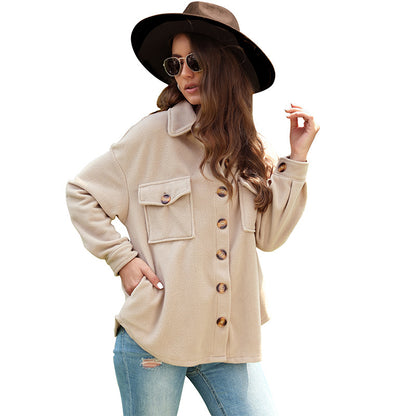 Solid Fleece Shacket with Lapel Collar and Pockets