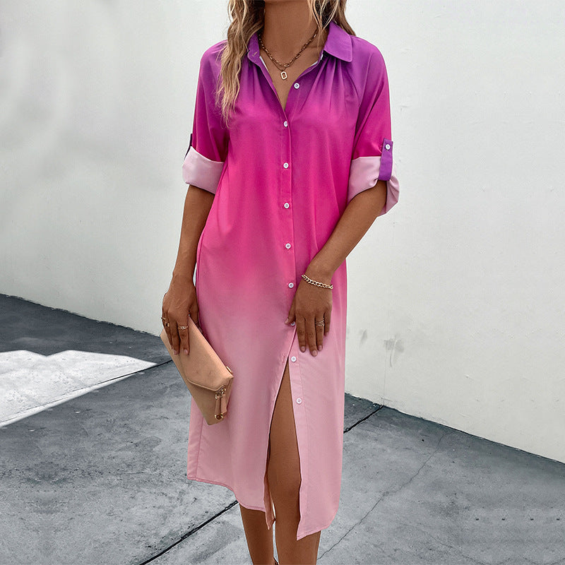 Gradient Shirt Dress with Lapel Collar and Roll-Up Sleeves