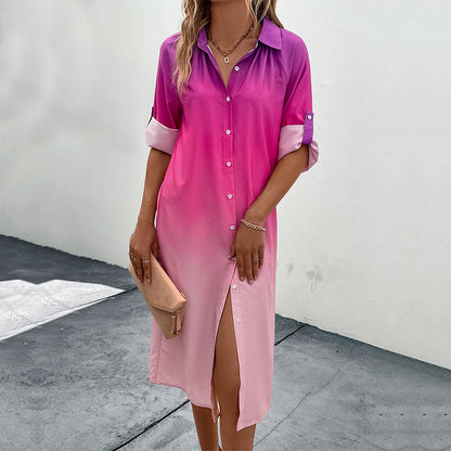 Gradient Shirt Dress with Lapel Collar and Roll-Up Sleeves