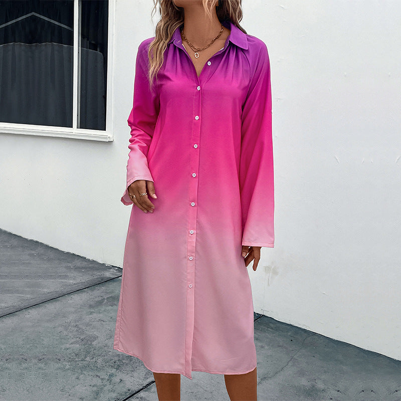 Gradient Shirt Dress with Lapel Collar and Roll-Up Sleeves