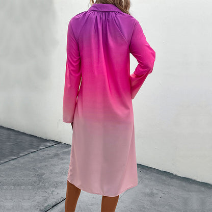 Gradient Shirt Dress with Lapel Collar and Roll-Up Sleeves