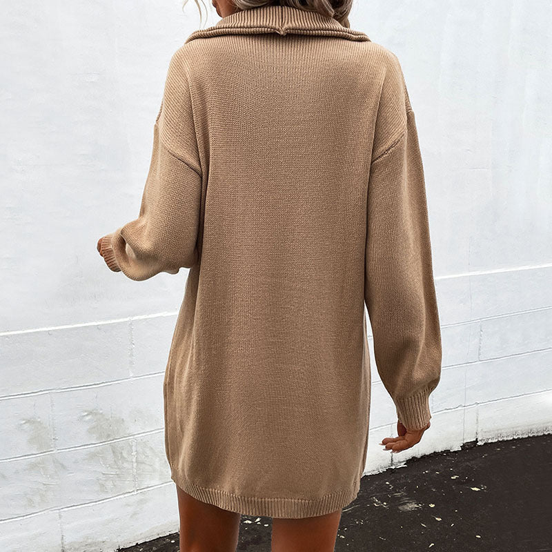 Solid Sweater Dress with Turn-Down Collar and Button Placket