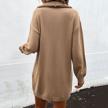 Solid Sweater Dress with Turn-Down Collar and Button Placket