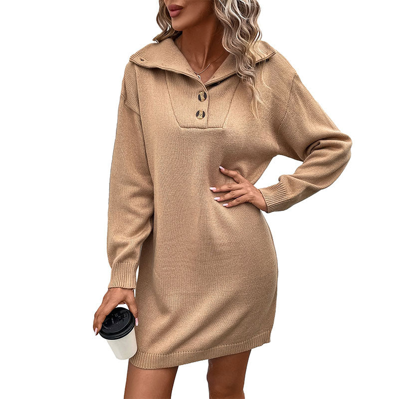 Solid Sweater Dress with Turn-Down Collar and Button Placket