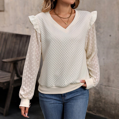 Quilted V-Neck Sweatshirt with Lace Sleeves and Ruffled Shoulders