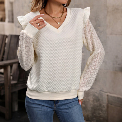 Quilted V-Neck Sweatshirt with Lace Sleeves and Ruffled Shoulders
