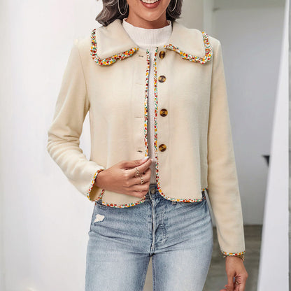 Cropped Fleece Jacket with Floral Trim Collar