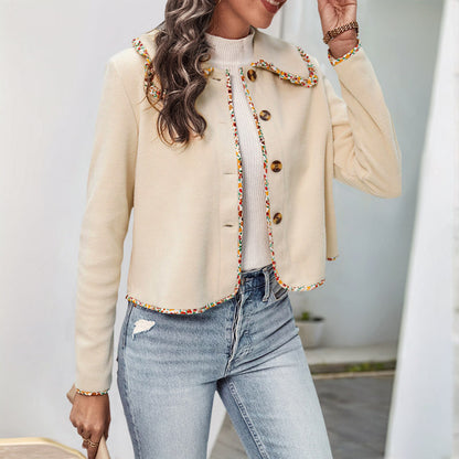 Cropped Fleece Jacket with Floral Trim Collar
