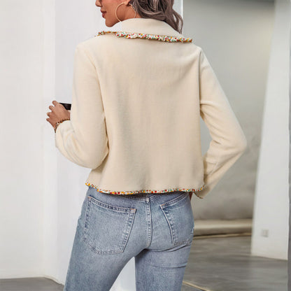 Cropped Fleece Jacket with Floral Trim Collar