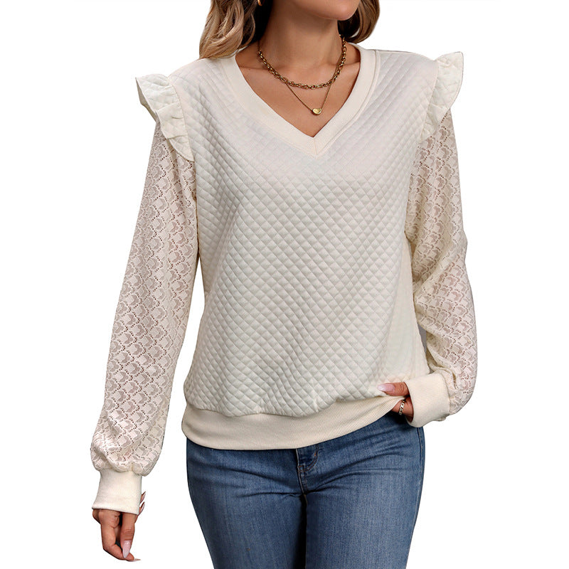 Quilted V-Neck Sweatshirt with Lace Sleeves and Ruffled Shoulders